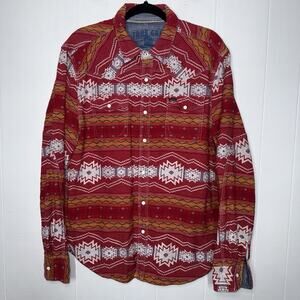 True Grit Men’s Southwestern Aztec Pearl Snap Shirt Long Sleeve Red Size Large